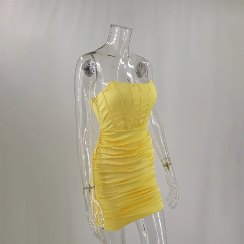 שמלת מיני סטרפלס סאטן בגזרת מחוך וכיווצים - סינדי