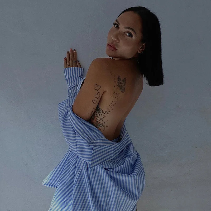 חליפת שני חלקים פסים חולצה ארוכה מכופתרת ומכנס קצר - טינה