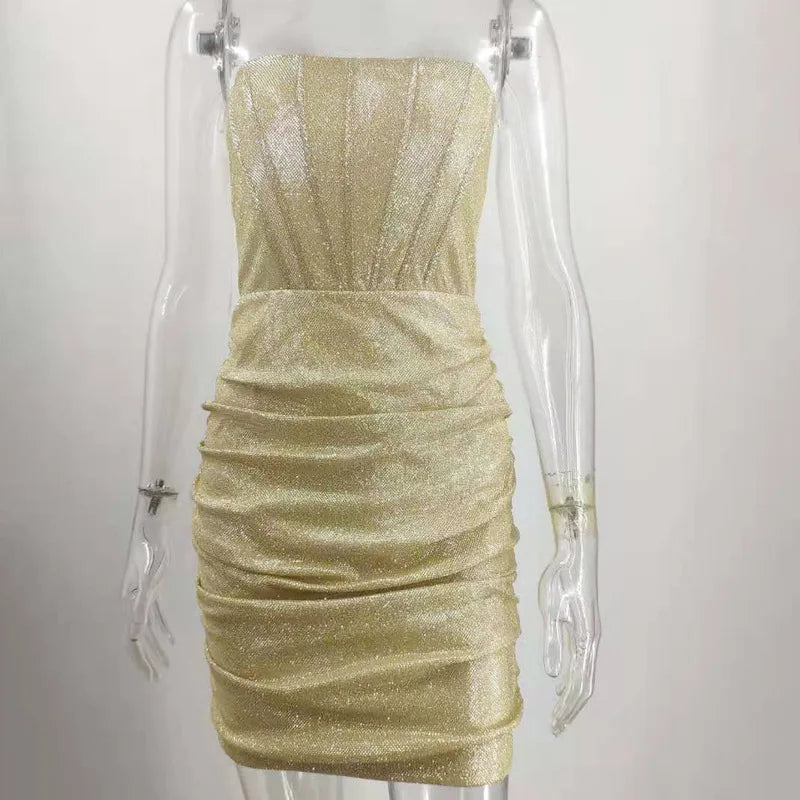 שמלת מיני סטרפלס נצנצים בעיצוב מחוך - Sienna