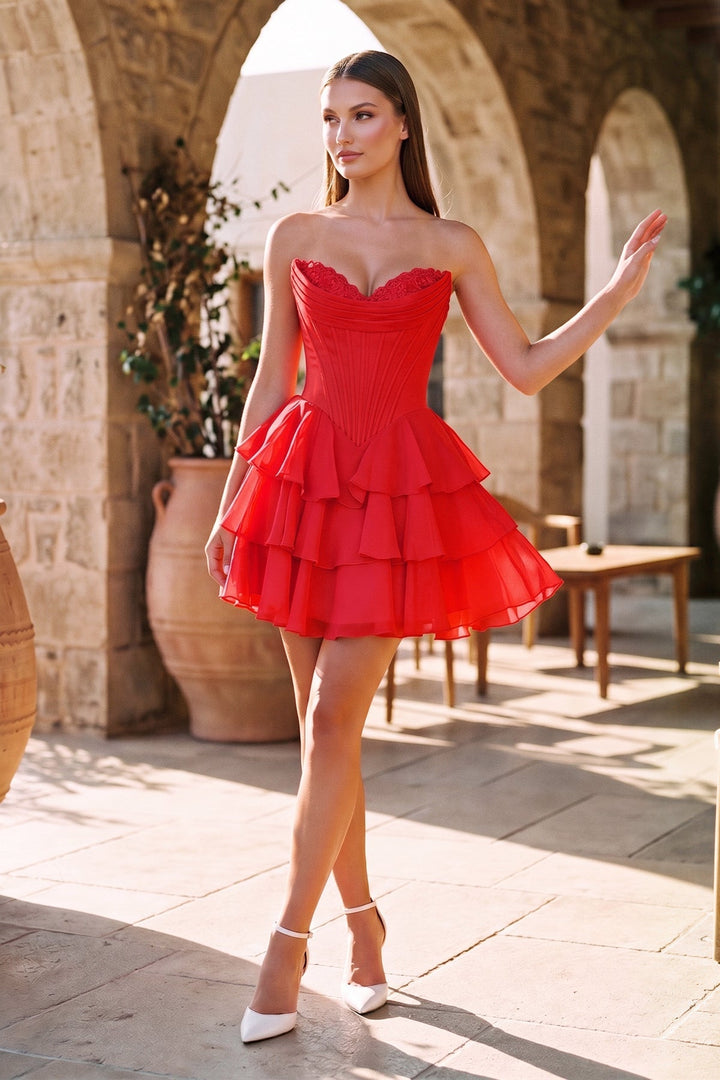 SHERY strapless mini dress with tiered ruffles, corset design, back tie, and waist-cinching fit