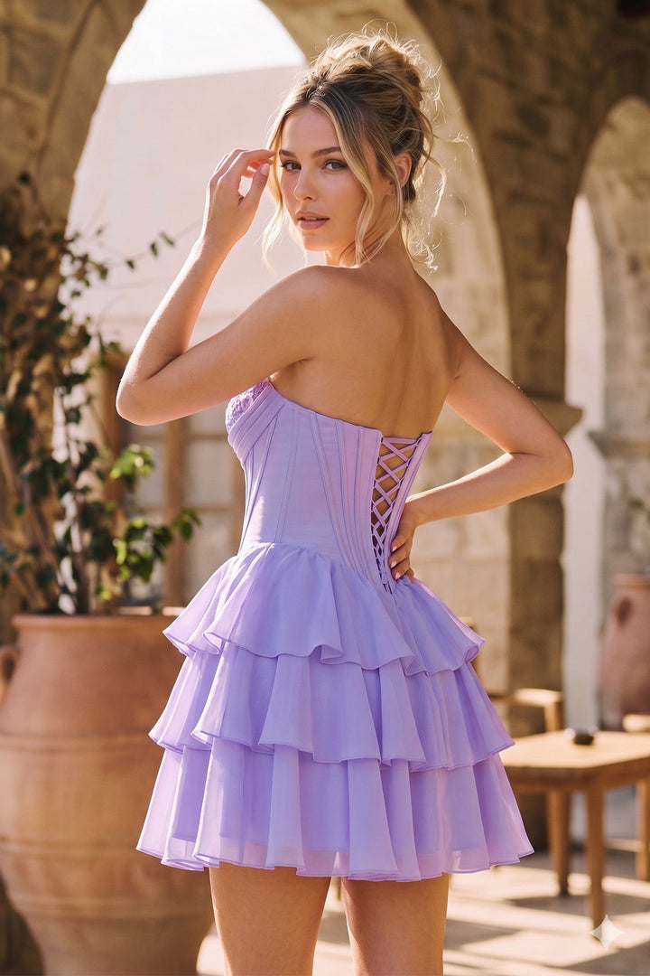 SHERY strapless mini dress with tiered ruffles, corset design, back tie, and waist-cinching fit
