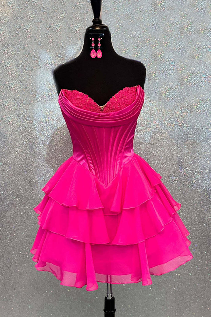 SHERY strapless mini dress with tiered ruffles, corset design, back tie, and waist-cinching fit