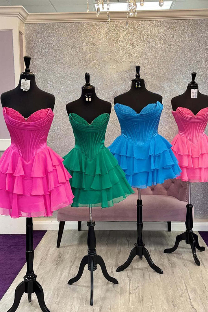 SHERY strapless mini dress with tiered ruffles, corset design, back tie, and waist-cinching fit