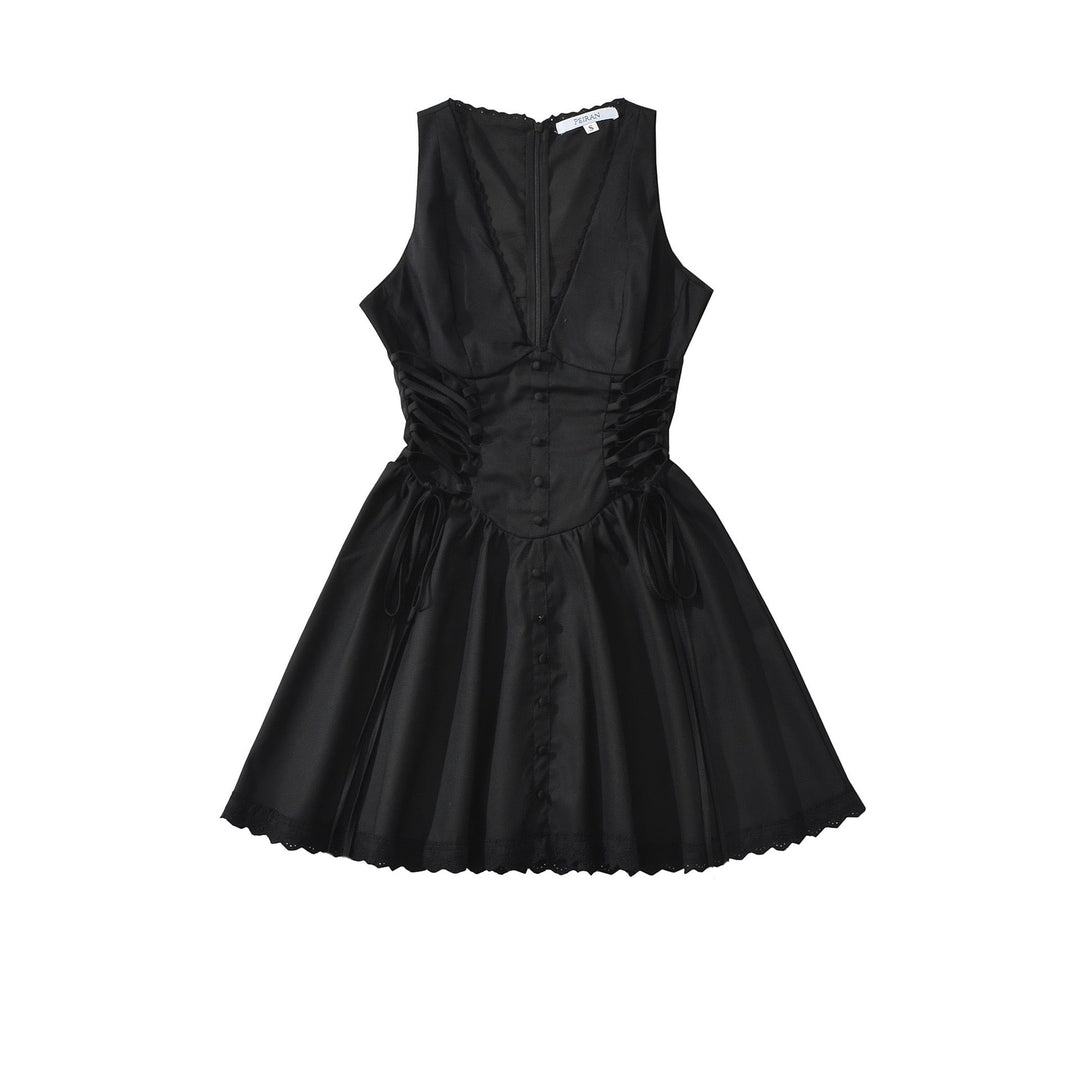 A-line mini dress with tie and button embellishments – Vanessa