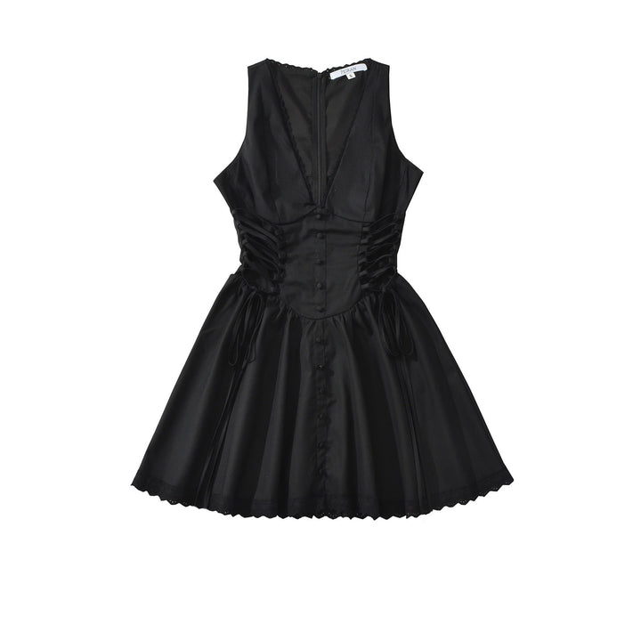 A-line mini dress with tie and button embellishments – Vanessa