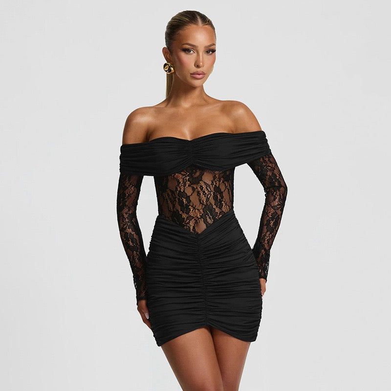 Off-the-shoulder mini dress with lace trim - Oriya