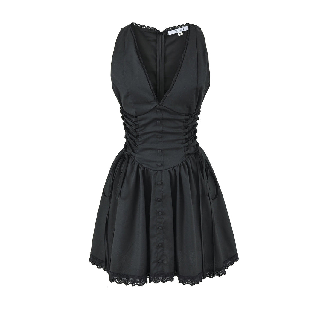 A-line mini dress with tie and button embellishments – Vanessa