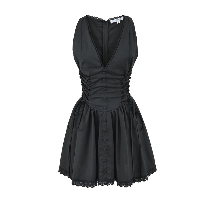 A-line mini dress with tie and button embellishments – Vanessa
