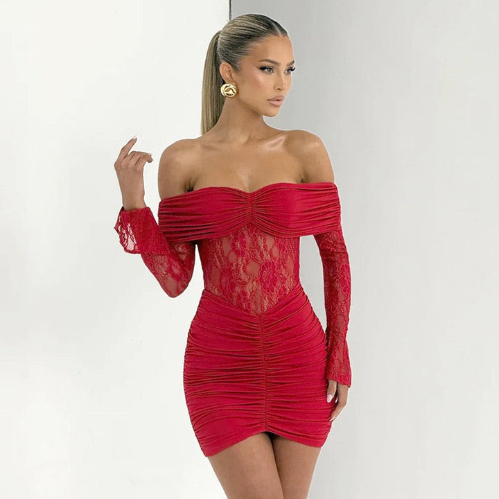 Off-the-shoulder mini dress with lace trim - Oriya