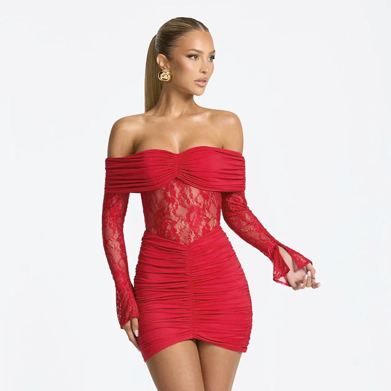 Off-the-shoulder mini dress with lace trim - Oriya
