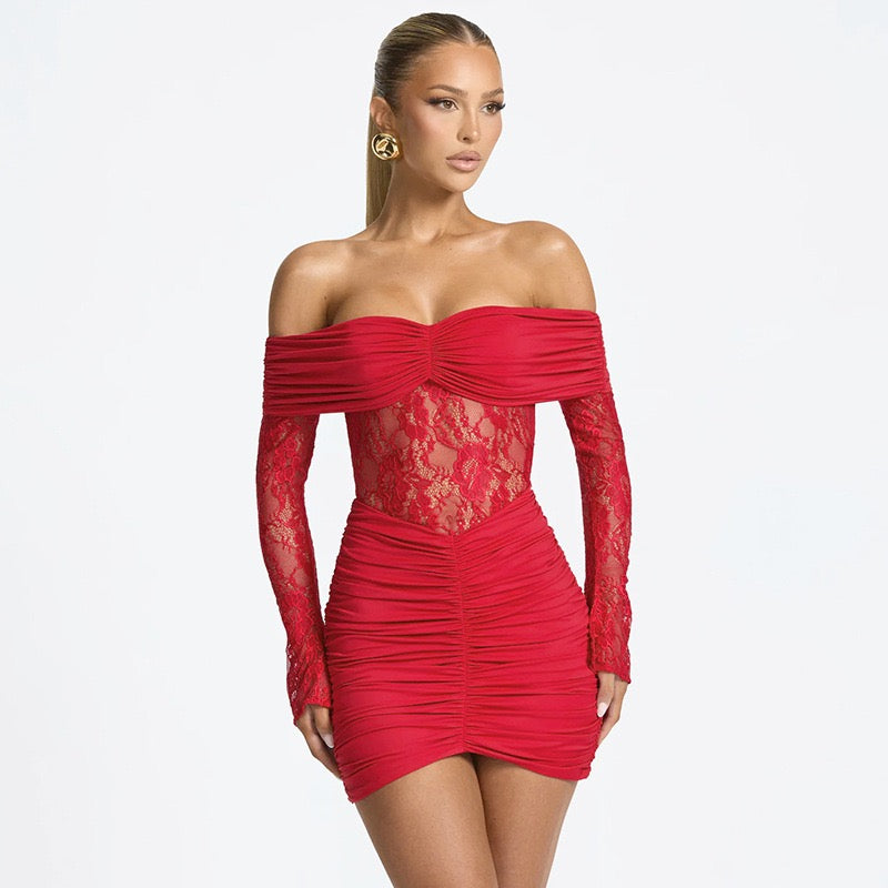 Off-the-shoulder mini dress with lace trim - Oriya