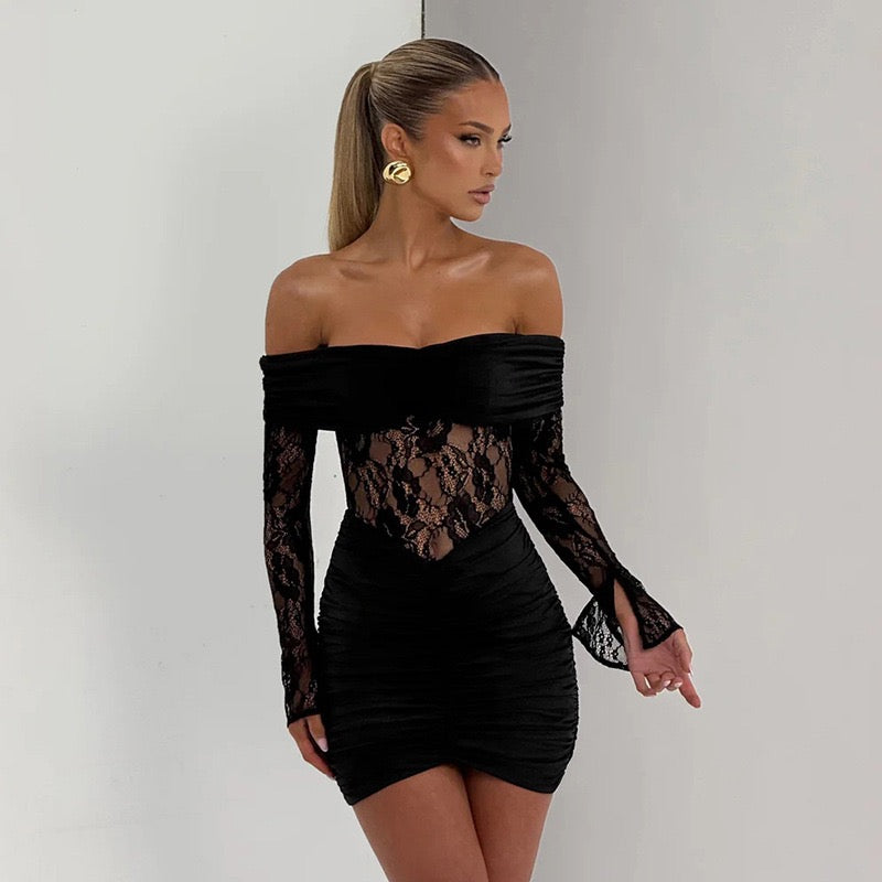Off-the-shoulder mini dress with lace trim - Oriya
