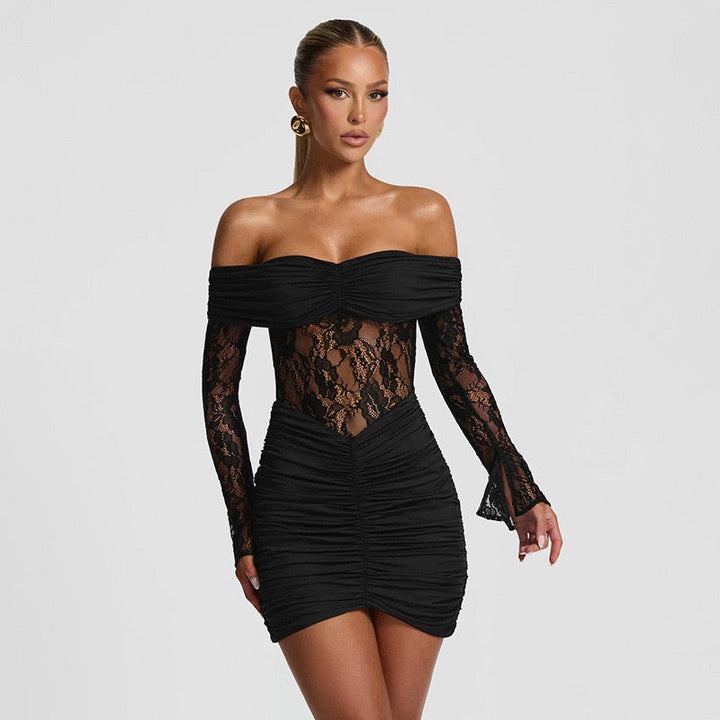 Off-the-shoulder mini dress with lace trim - Oriya