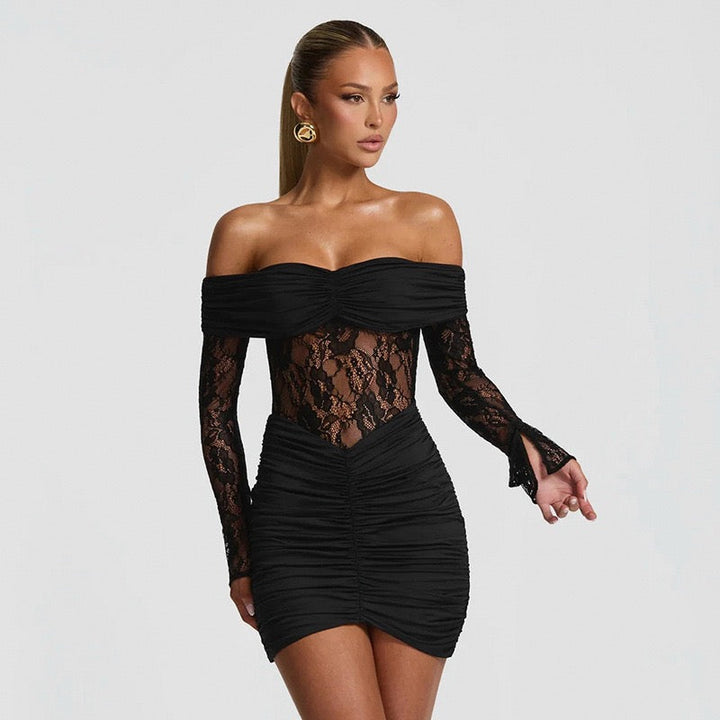 Off-the-shoulder mini dress with lace trim - Oriya
