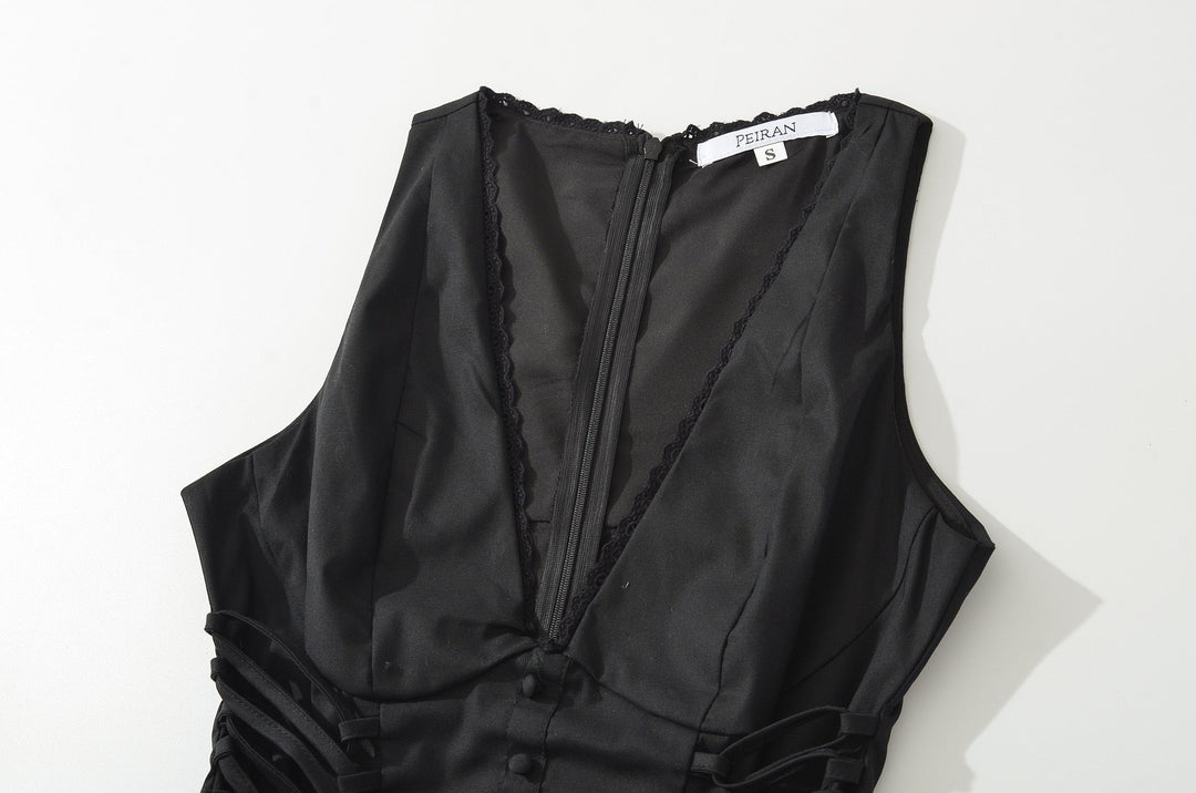 A-line mini dress with tie and button embellishments – Vanessa