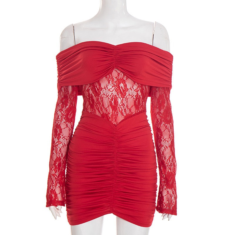 Off-the-shoulder mini dress with lace trim - Oriya