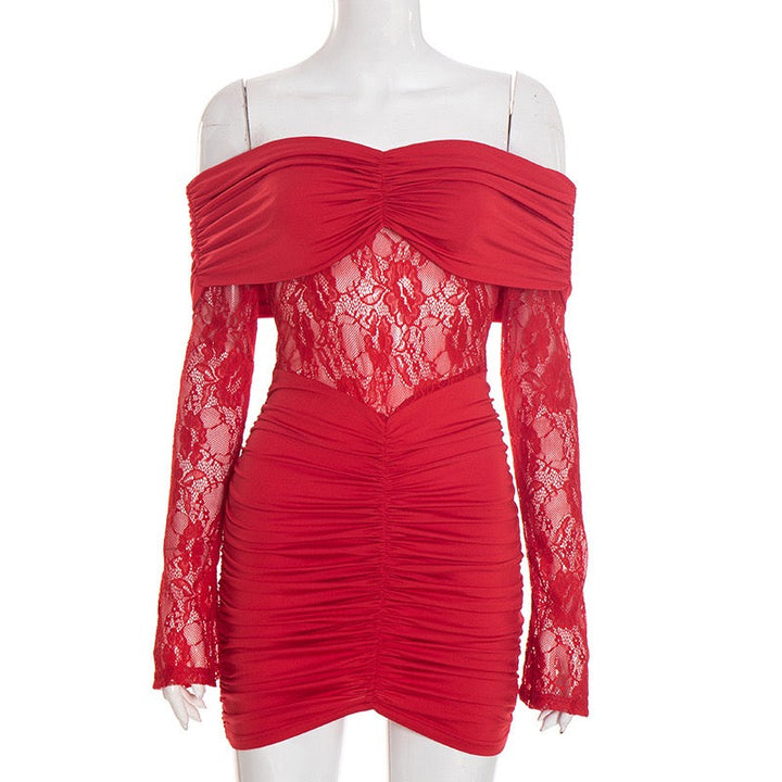 Off-the-shoulder mini dress with lace trim - Oriya