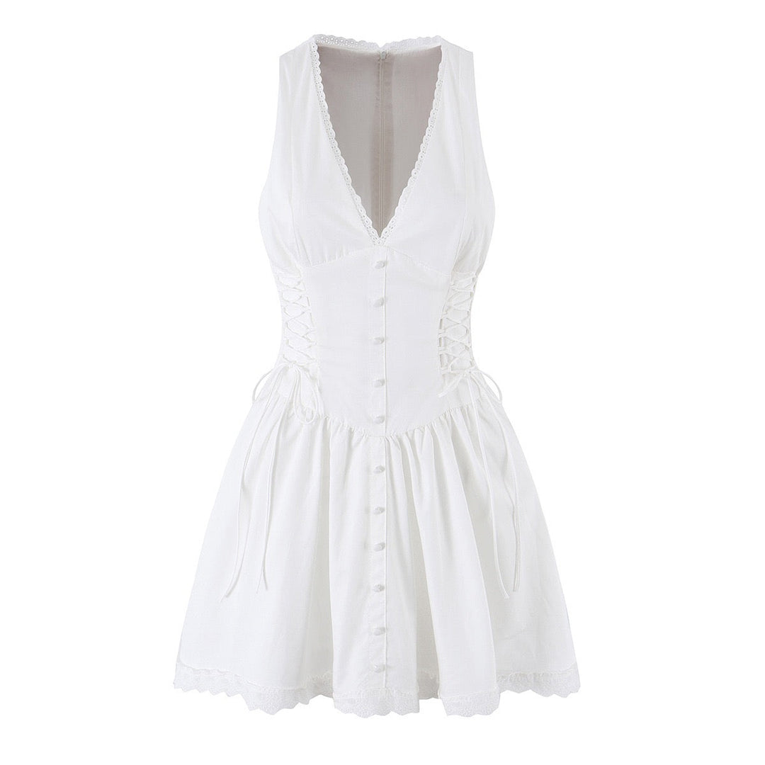 A-line mini dress with tie and button embellishments – Vanessa
