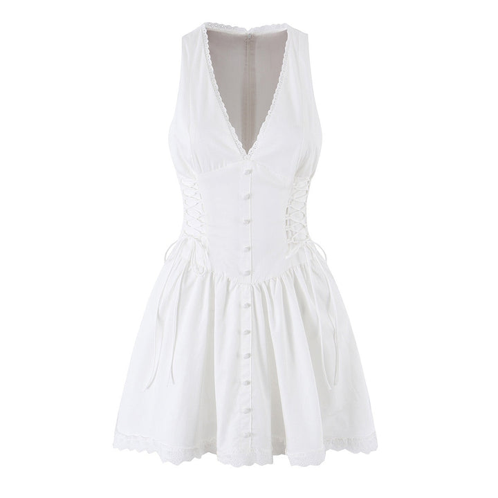 A-line mini dress with tie and button embellishments – Vanessa