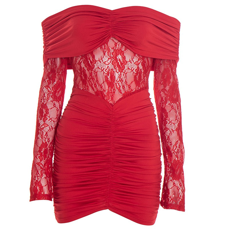 Off-the-shoulder mini dress with lace trim - Oriya