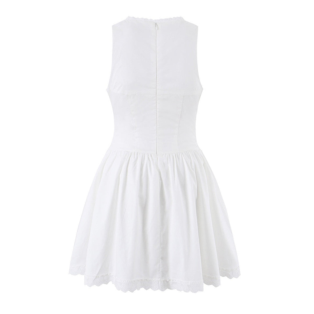 A-line mini dress with tie and button embellishments – Vanessa