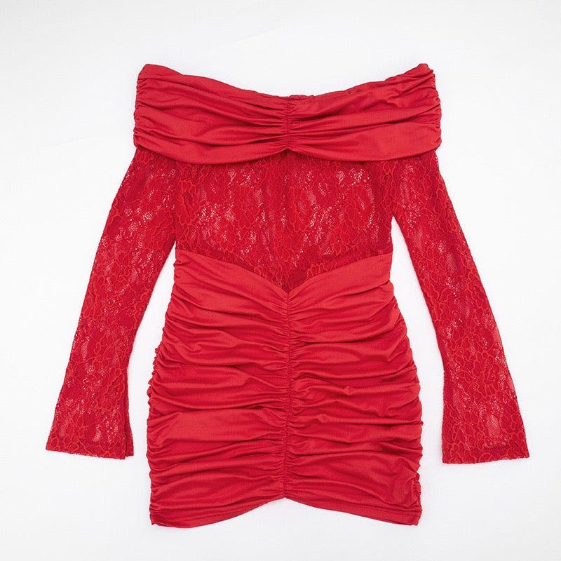 Off-the-shoulder mini dress with lace trim - Oriya