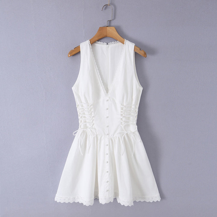 A-line mini dress with tie and button embellishments – Vanessa