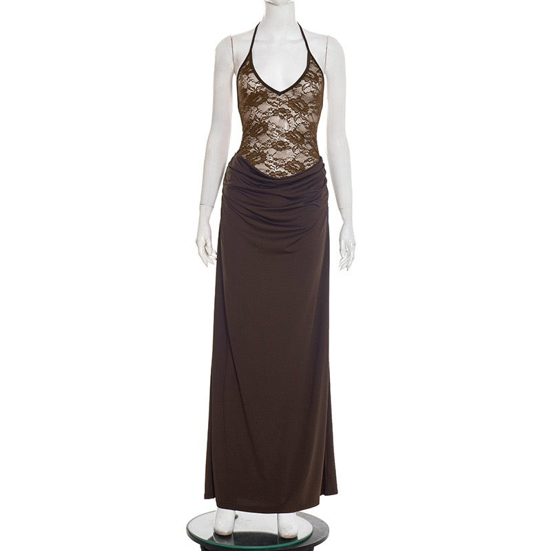 Maxi Dress with Lace Design, Tie at Neck, Open Back - Adika