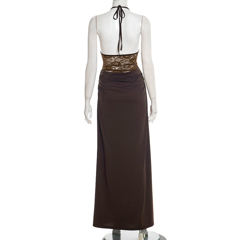Maxi Dress with Lace Design, Tie at Neck, Open Back - Adika