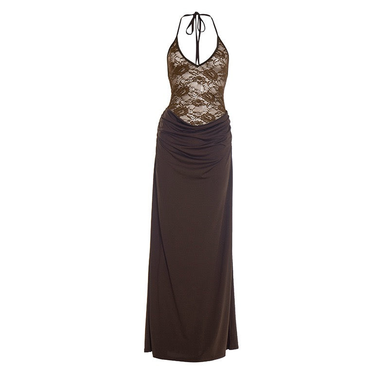 Maxi Dress with Lace Design, Tie at Neck, Open Back - Adika
