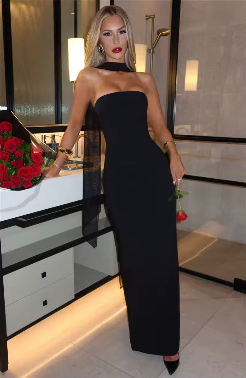 שמלת מקסי סטרפלס בעיטור כפפות וצעיף שיפון - אנאבל