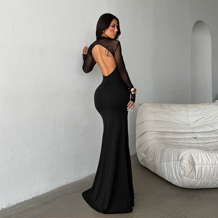 Elegant maxi dress with slit design and open back chiffon - Mericia