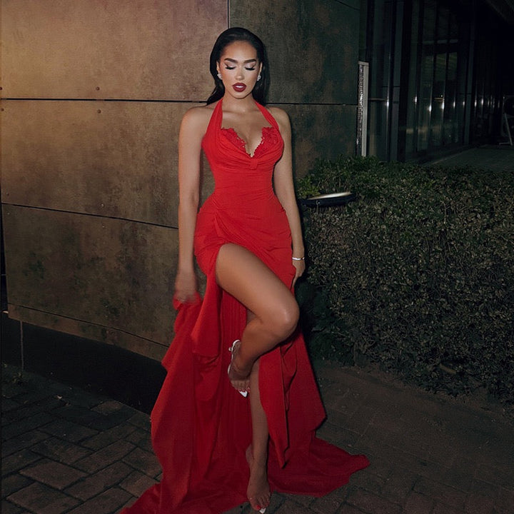 Maxi dress with open back, slit design and floral embroidery - Antea