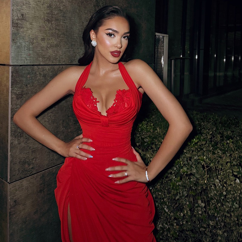 Maxi dress with open back, slit design and floral embroidery - Antea