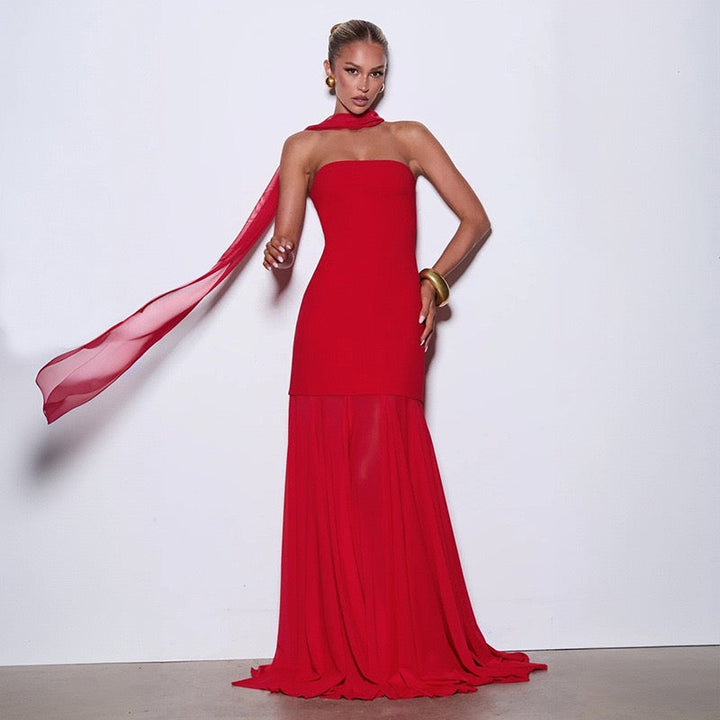 Strapless maxi dress with chiffon and matching scarf decoration - Gigi