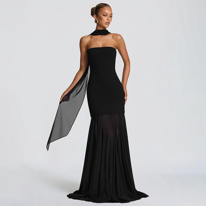 Strapless maxi dress with chiffon and matching scarf decoration - Gigi
