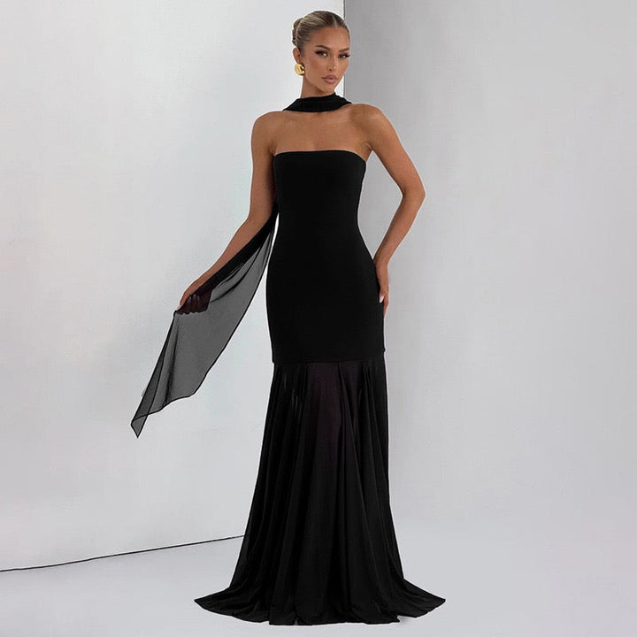 Strapless maxi dress with chiffon and matching scarf decoration - Gigi