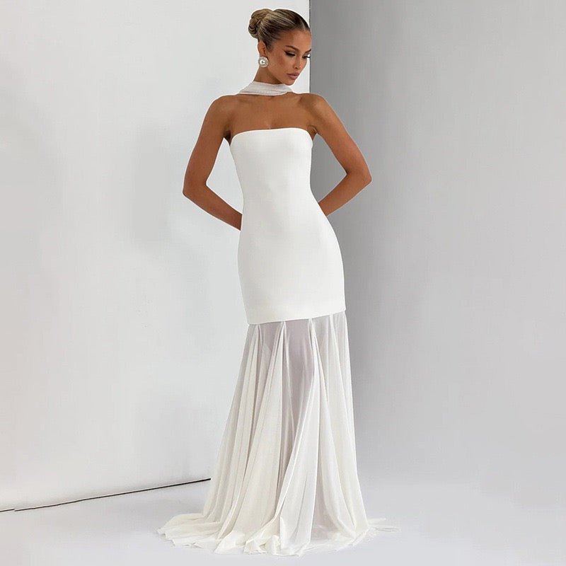 Strapless maxi dress with chiffon and matching scarf decoration - Gigi