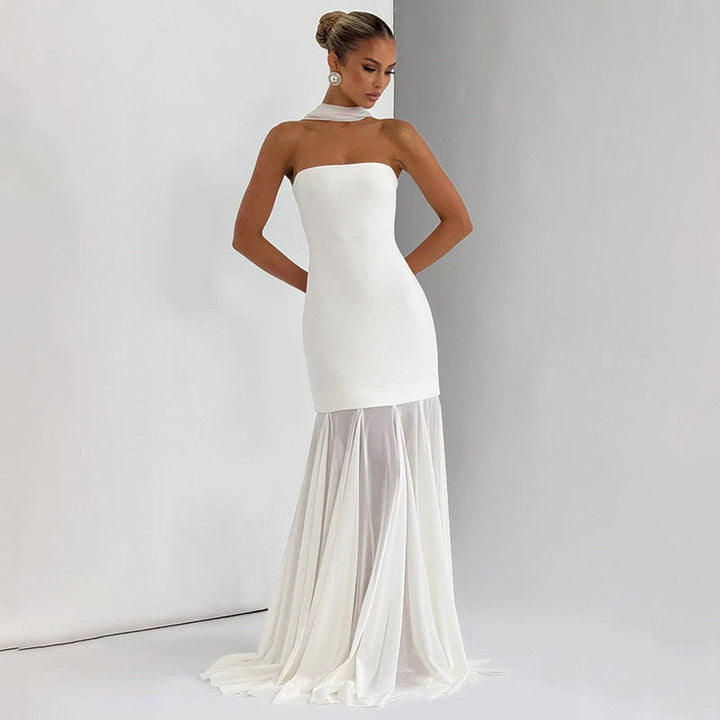 Strapless maxi dress with chiffon and matching scarf decoration - Gigi