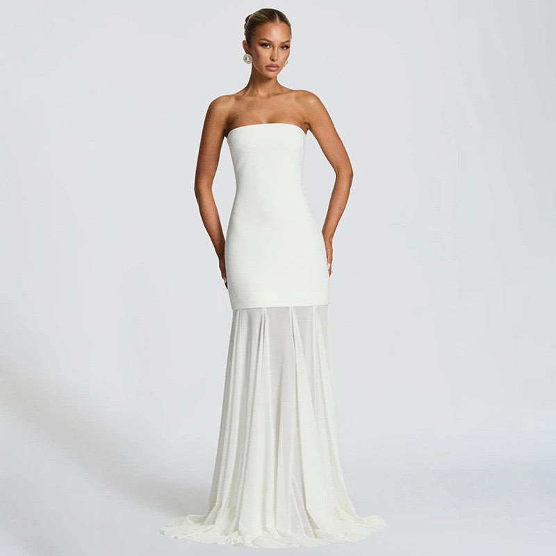 Strapless maxi dress with chiffon and matching scarf decoration - Gigi