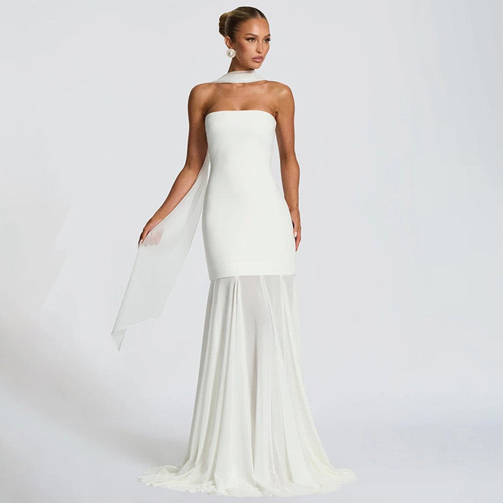 Strapless maxi dress with chiffon and matching scarf decoration - Gigi