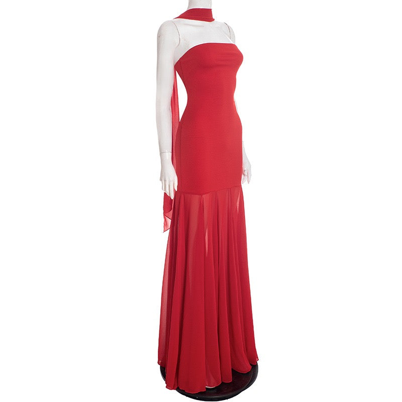 Strapless maxi dress with chiffon and matching scarf decoration - Gigi