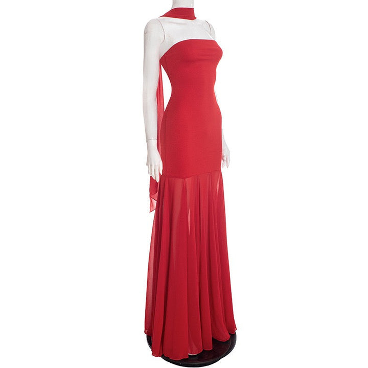 Strapless maxi dress with chiffon and matching scarf decoration - Gigi
