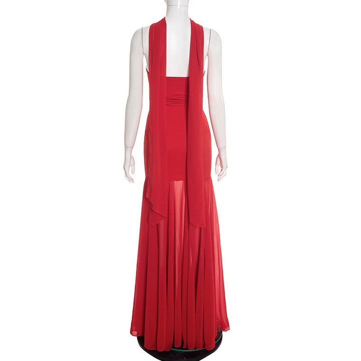 Strapless maxi dress with chiffon and matching scarf decoration - Gigi