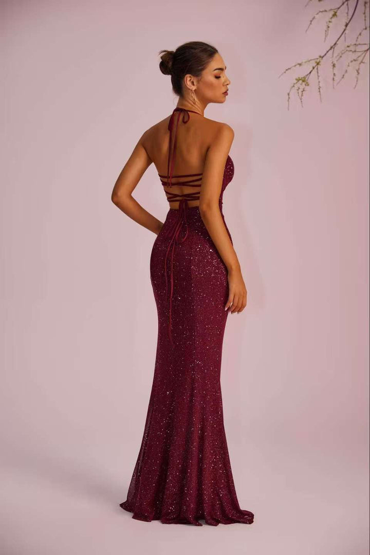 Maxi sequin dress with slit and tie at the back for waist shaping - LALI