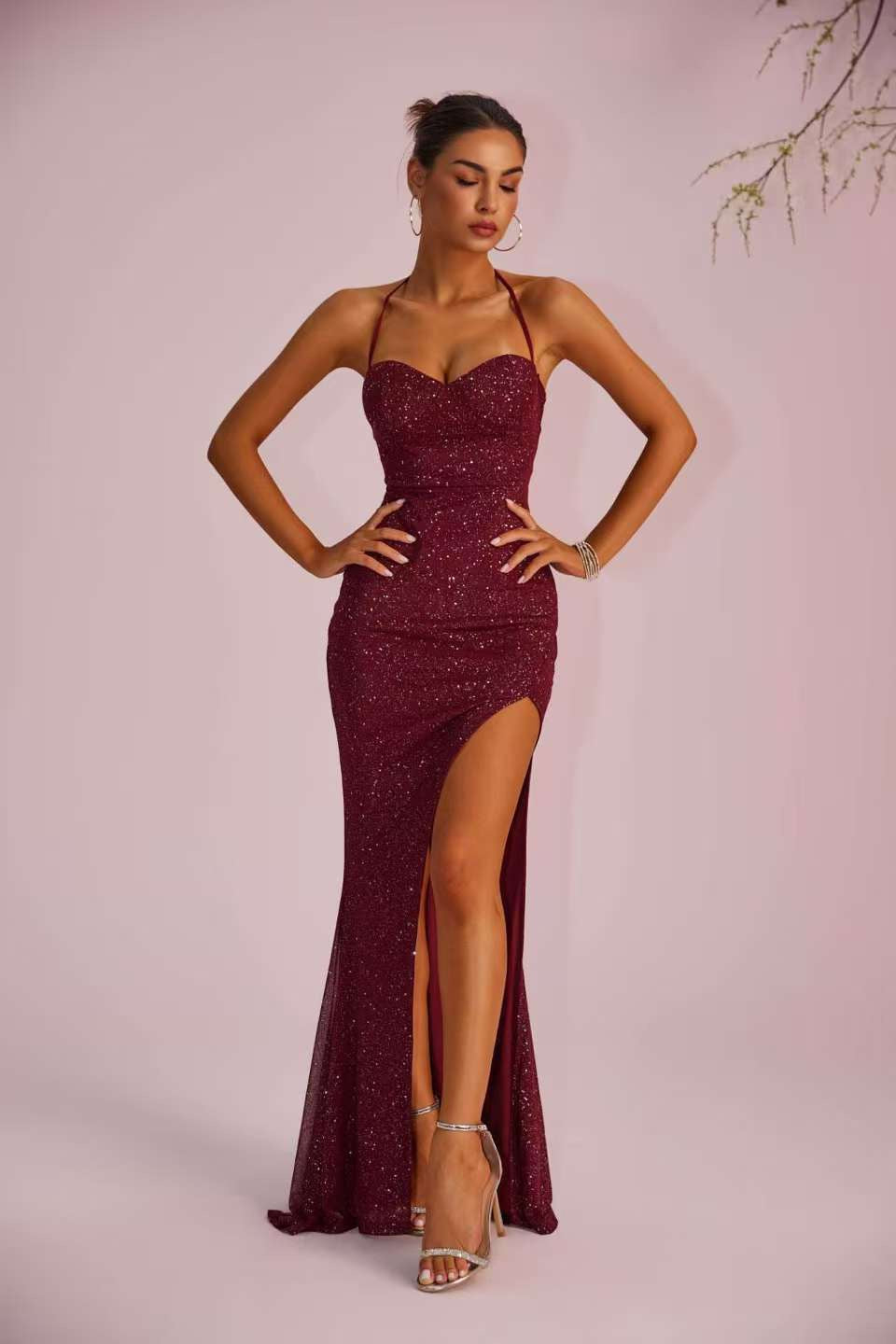 Maxi sequin dress with slit and tie at the back for waist shaping - LALI