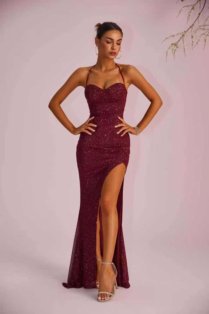 Maxi sequin dress with slit and tie at the back for waist shaping - LALI