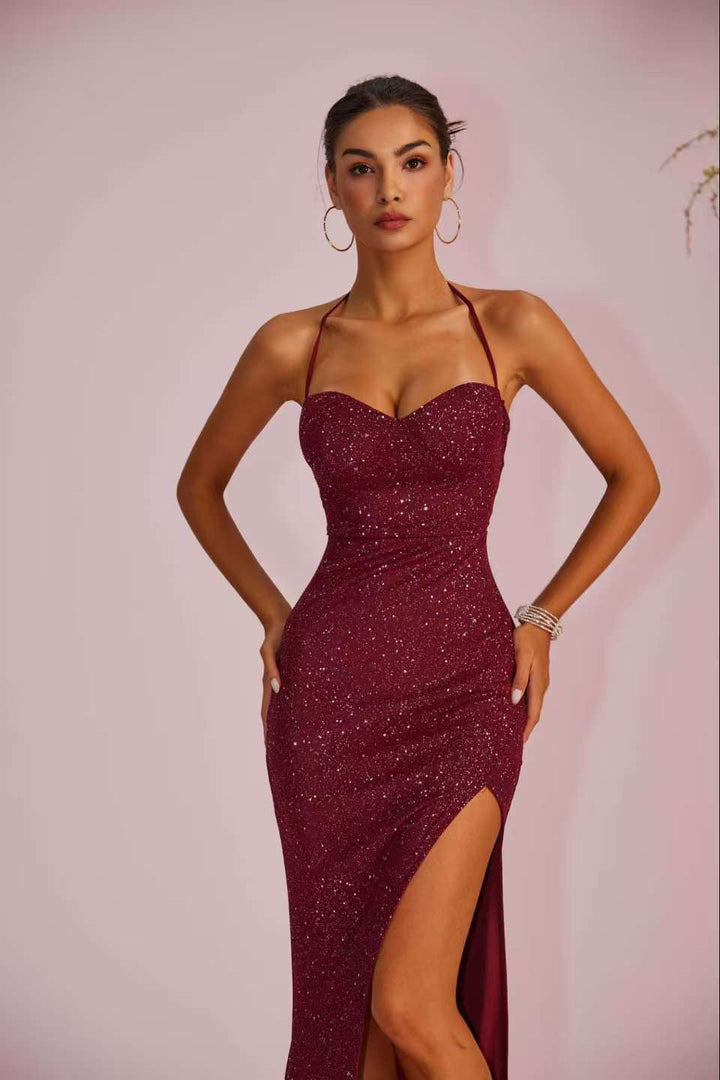 Maxi sequin dress with slit and tie at the back for waist shaping - LALI