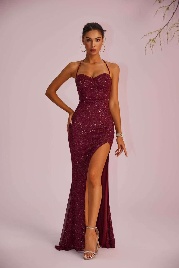 Maxi sequin dress with slit and tie at the back for waist shaping - LALI