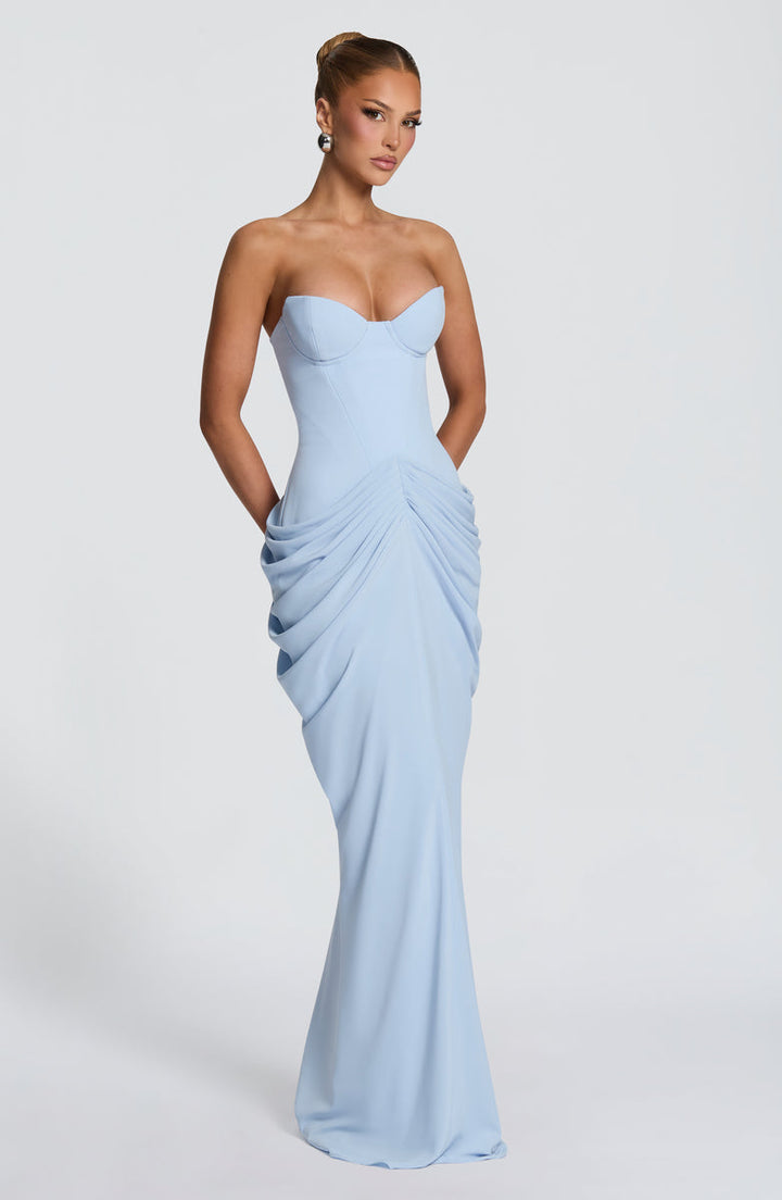 Nalia strapless maxi dress with pleats, corset design, back tie, and waist-cinching fit